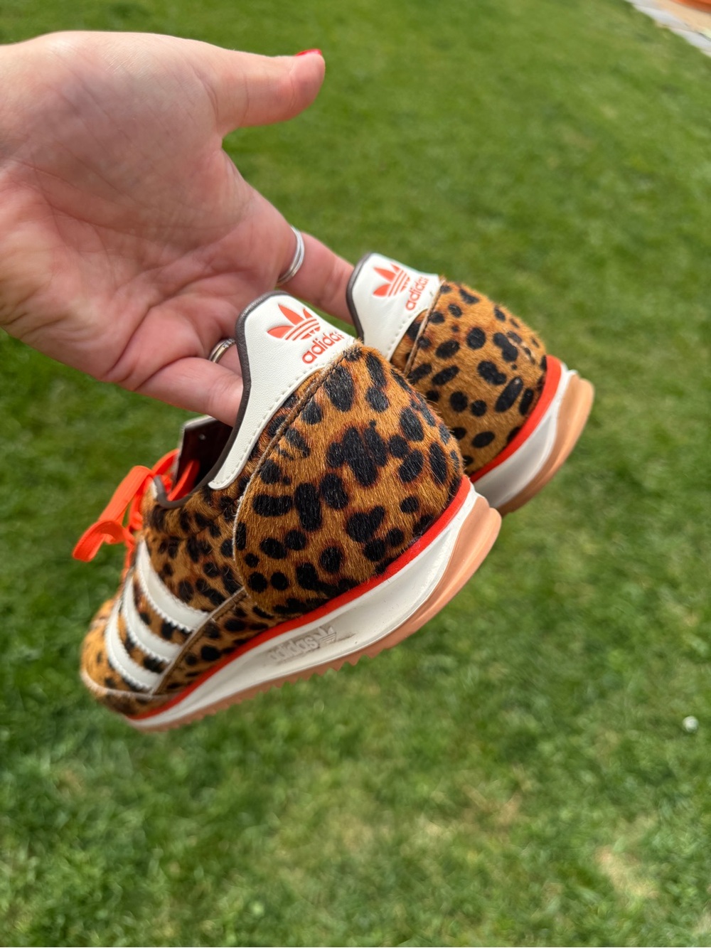 adidas Leopard Print Sneaker with White Stripes and Orange Accents - Picture 4 of 5